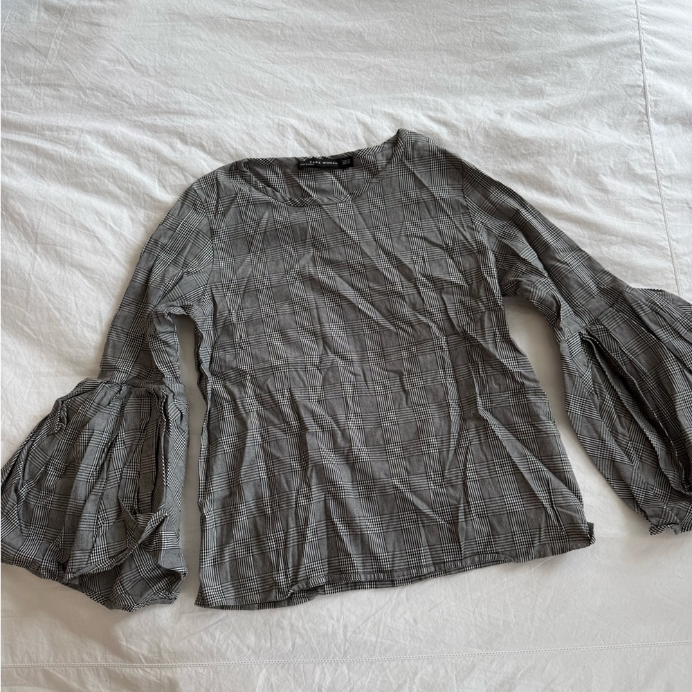 Zara Gray Plaid Bell-Sleeve Blouse